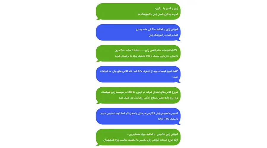 یک پیامک تبلیغاتی استاندارد باید کوتاه، جذاب و دعوت کننده باشد. رعایت نکات زیر می تواند نرخ تبدیل تبلیغ آموزش زبان انگلیسی شما را چند برابر کند: