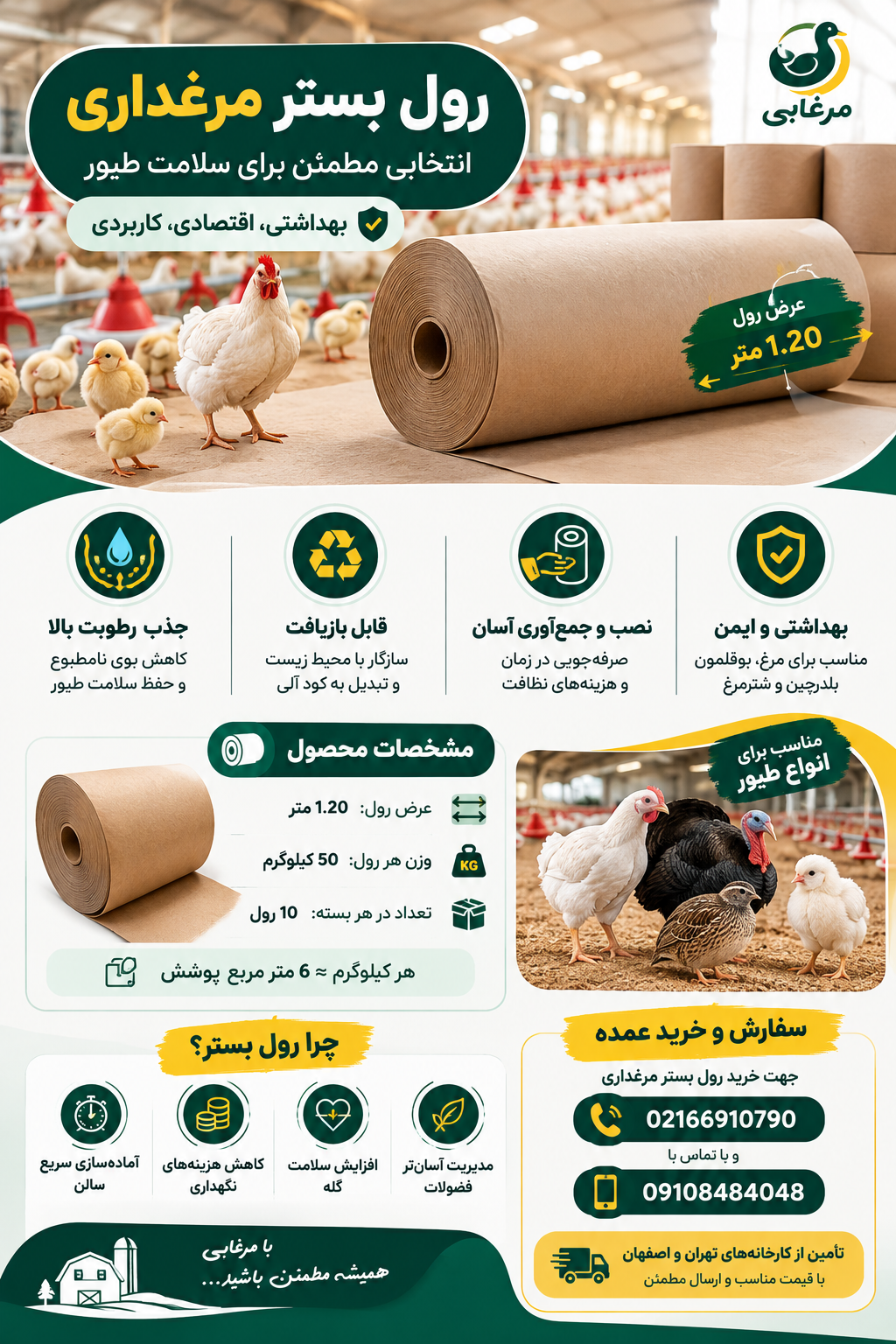 رول بستر مرغداری در سال های اخیر به یکی از تجهیزات ضروری سالن های پرورش طیور تبدیل شده است. مرغداران صنعتی به دنبال محصولی هستند که علاوه بر حفظ بهداشت سالن، هزینه های جاری را کاهش دهد و مدیریت دوره های پرورش را ساده تر کند. رول بستر به دلیل ساختار یکپارچه، قدرت جذب رطوبت و سهولت در جمع آوری، توانسته جایگاه ویژه ای در واحدهای پرورش مرغ گوشتی، بوقلمون، بلدرچین و شترمرغ پیدا کند.