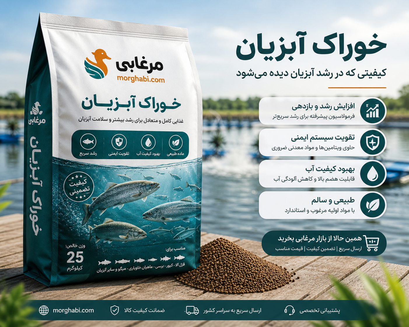 در بازار محصولات آبزیان مرغابی می توانید انواع خوراک ماهی، غذای آبزیان، مکمل خوراک، افزودنی های تغذیه ای و محصولات مرتبط با پرورش آبزیان را بررسی کنید و محصول موردنظر خود را بر اساس گونه، کاربرد، برند، وزن و مشخصات محصول انتخاب کنید.